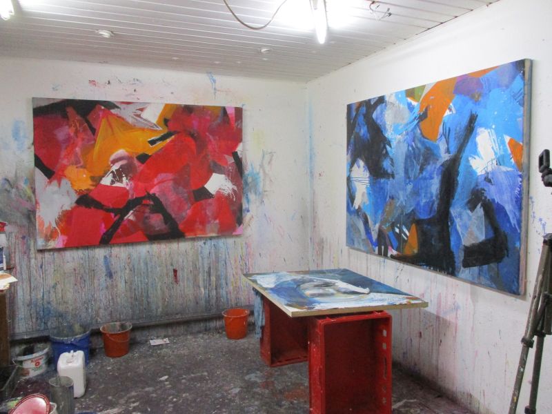 abstract paintings at the studio